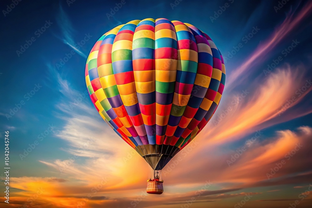 Naklejka premium Colorful hot air balloon flying in the sky over a wide-angle view of the landscape
