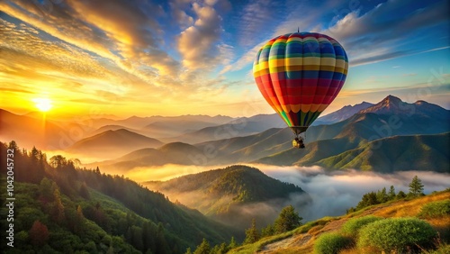 Colorful hot air balloon flying at tilted angle during sunrise in mountain landscape