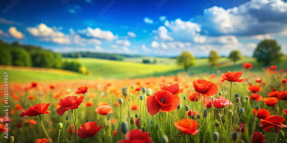 Stunning Tilt-Shift Photography of Vibrant Red Poppies in a Lush Green Field Under a Clear Blue Sky – Stunning Tilt-Shift Photography of Vibrant Red Poppies in a Lush Green Field Under a Clear Blue Sky –