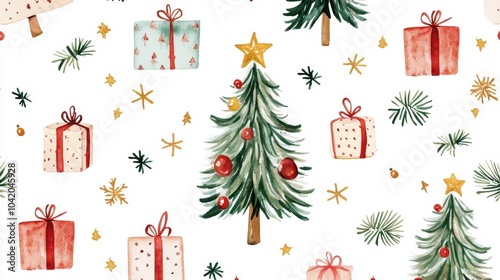watercolor drawing of Christmas trees with decorations and gifts on a white background. Holiday New Year decorations concept, christmas background