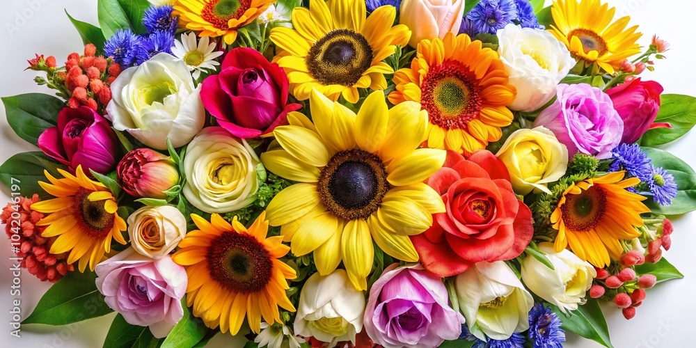Stunning Top View of a Colorful Flower Bouquet on a White Background for Vibrant Floral Decor and Design Stunning Top View of a Colorful Flower Bouquet on a White Background for Vibrant Floral Decor and Design