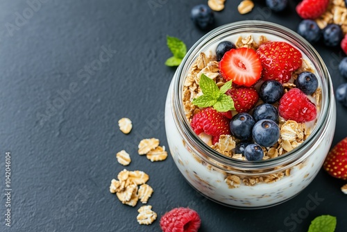 Glass jar with overnight oats with fresh strawberries.
