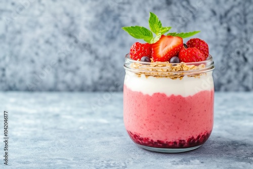 Glass jar with overnight oats with fresh strawberries.