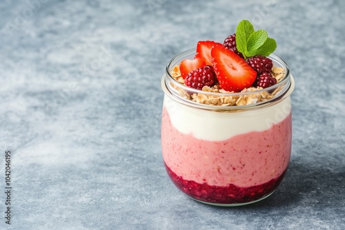 Glass jar with overnight oats with fresh strawberries.