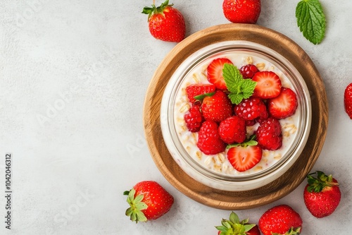 Glass jar with overnight oats with fresh strawberries.