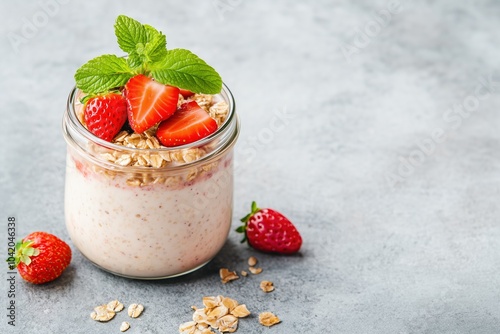 Glass jar with overnight oats with fresh strawberries.
