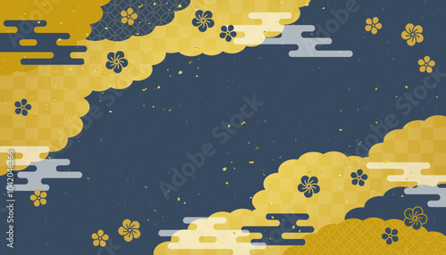 金色の雲と梅の和風背景素材