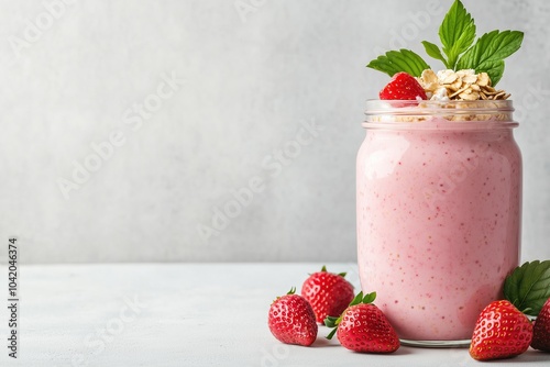 Glass jar with overnight oats with fresh strawberries.
