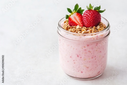 Glass jar with overnight oats with fresh strawberries.