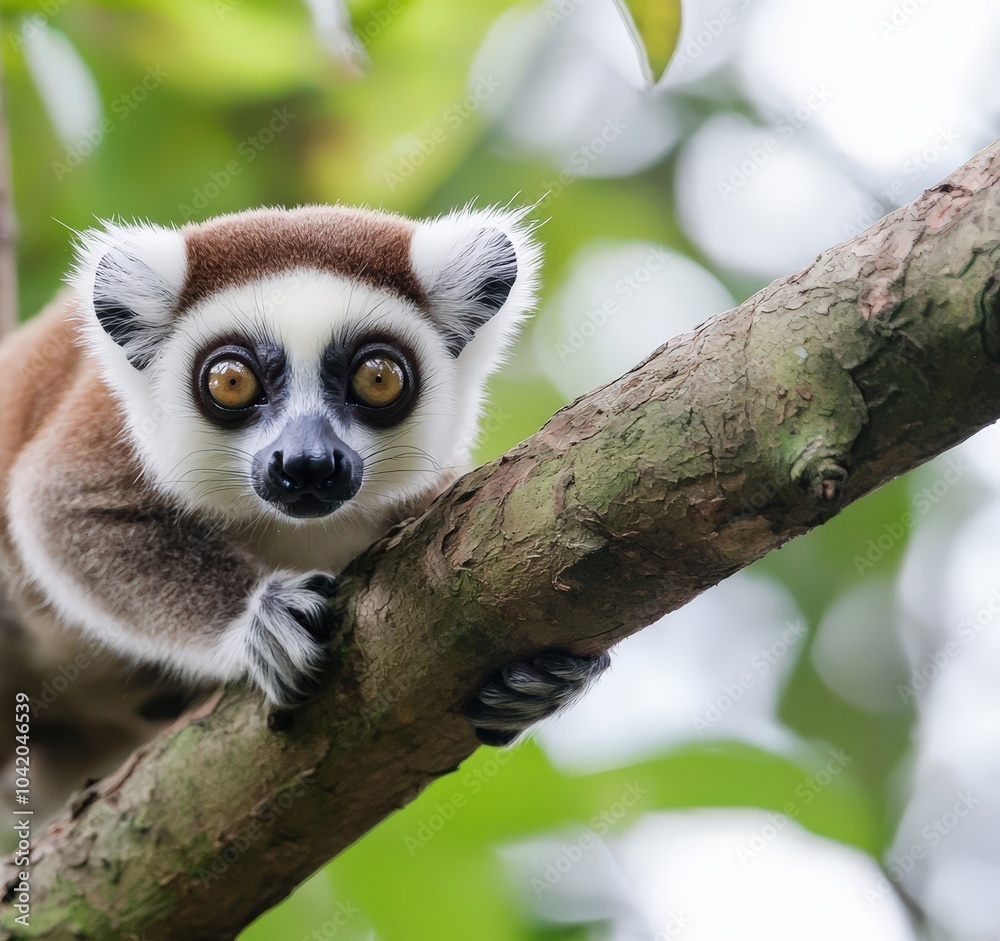 Fototapeta premium Curious lemur exploring a branch in lush green forest sanctuary at dawn