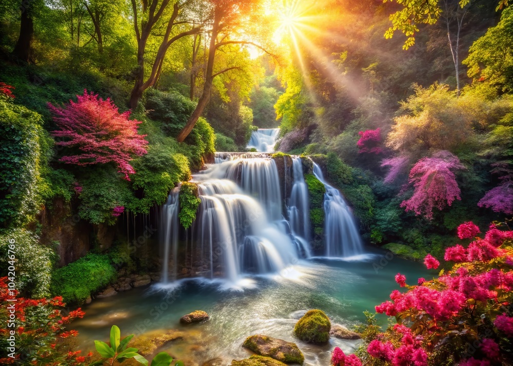 Obraz premium Stunning Waterfall in Lush Forest Surrounded by Blooming Trees for Nature Lovers and Adventure Seekers