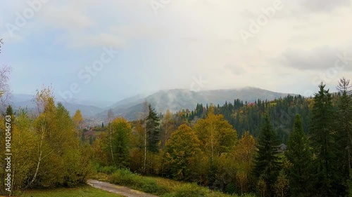 The landscape of Carpathian Mountains in the sunny weather. Perfect weather condition in the autumn season