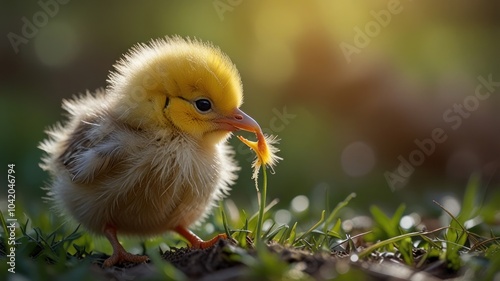 A furry yellow chick stands on the leaf bed, her fur ruffles and her eyes are wide with curiosity. The soft and fine -haired plumage is bright yellow, contrasting with a darker green background