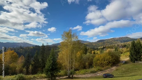 The landscape of Carpathian Mountains in the sunny weather. Perfect weather condition in the autumn season
