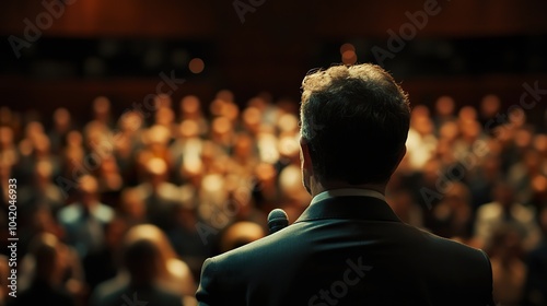 A man in a suit speaks to a large audience, his back to the camera.