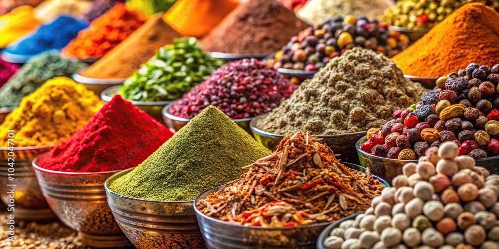 Fototapeta premium Colorful spices and herbs displayed in a shop