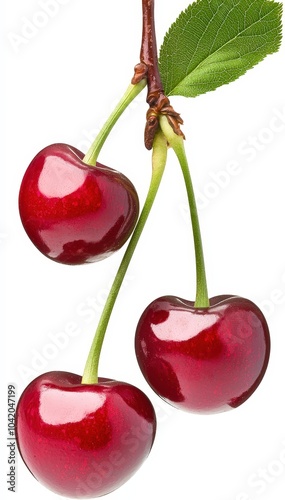 Three luscious red cherries on a stem with a green leaf against a white backdrop