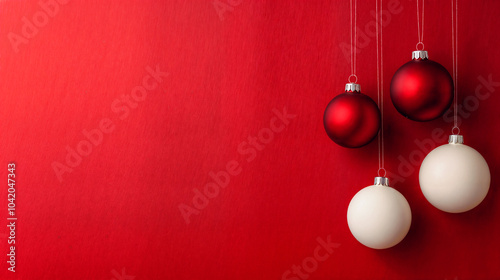 The image shows four Christmas ornaments, two red and two white, hanging on strings against a red background.