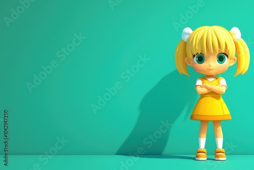 A charming animated character stands confidently against a vibrant teal background