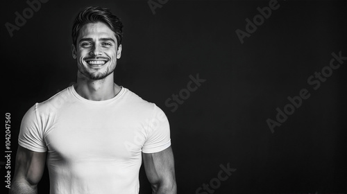 The image features a young man with a white t-shirt and a bright smile. He is standing against a black background.