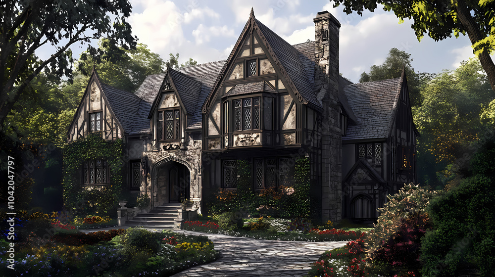 Gothic-style home with dramatic features. Tudor Mansion. Illustration Gothic-style home with dramatic features. Tudor Mansion. Illustration