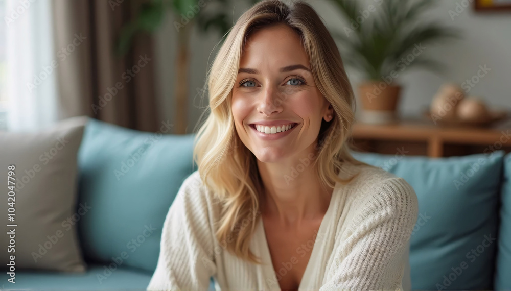 Headshot photograph of a gorgeous blonde woman sitting by herself on a sofa, gazing at the camera, enjoying a fun weekend at home in her own or leased apartment. A lovely, mature woman's profile pictu Headshot photograph of a gorgeous blonde woman sitting by herself on a sofa, gazing at the camera, enjoying a fun weekend at home in her own or leased apartment. A lovely, mature woman's profile pictu