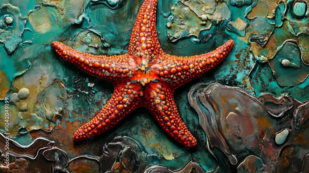A red starfish sits on a textured, blue and brown background A red starfish sits on a textured, blue and brown background