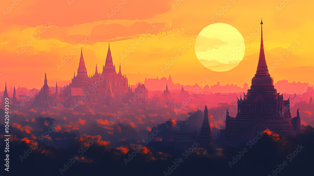 Fototapeta premium Illustration of digital art of a ayuthaya city skyline at sunset. Thai Temple. Illustration