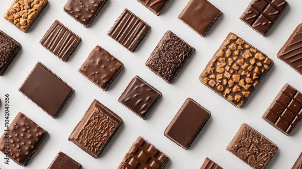 Flat lay of various chocolate bar snack packaging templates, placed in a grid pattern on a white surface. Flat lay of various chocolate bar snack packaging templates, placed in a grid pattern on a white surface.