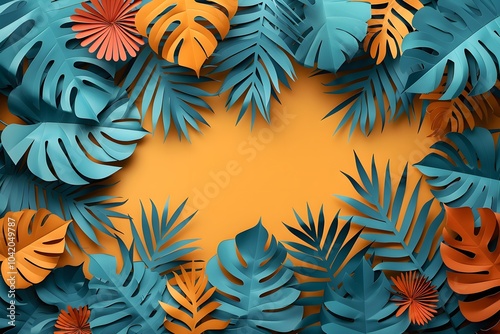 A frame made out of paper cut tropical leaves