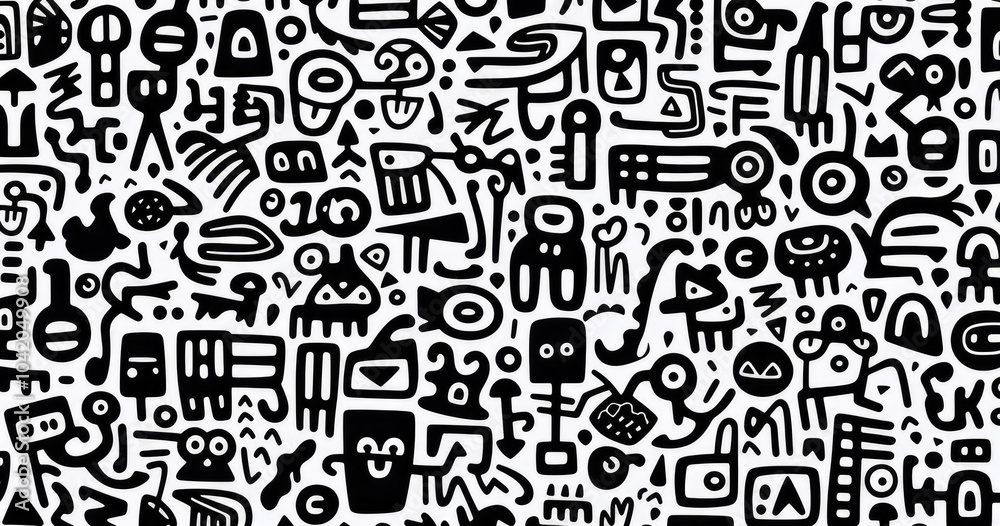 A vibrant abstract composition featuring a variety of playful, whimsical doodles and symbols in black and white. A vibrant abstract composition featuring a variety of playful, whimsical doodles and symbols in black and white.
