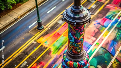 Colorful lightpole with artistic designs next to a road extending into the background photo