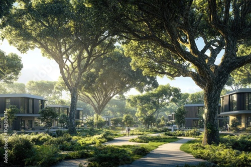 A car-free community filled with greenery, open paths for walking, and eco-homes with rainwater collection systems, surrounded by large trees.