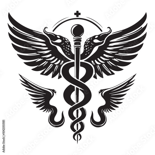 Caduceus Symbol (Staff with Two Snakes) silhouette vector black color white background 