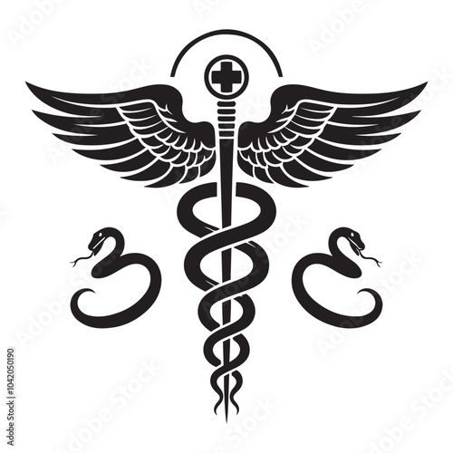 Caduceus Symbol (Staff with Two Snakes) silhouette vector  black color white background 