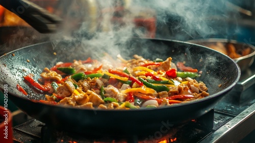 Stir-fried vegetables and chicken in a hot wok with steam rising photo