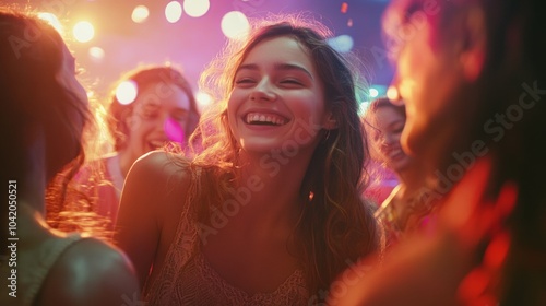 beautiful young woman in a nightclub dancing and smiling at the camera