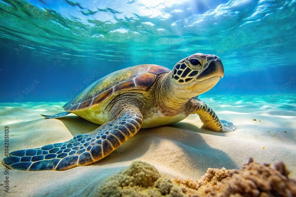 Fototapeta premium Reflected green sea turtle resting on sandy reef