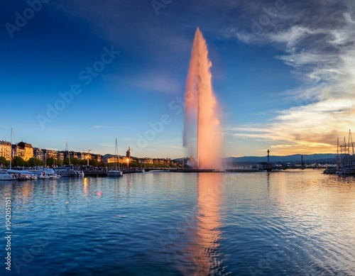 tranquil evening panorama of geneva with famous jet d eau