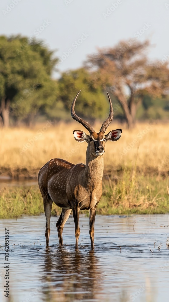 Obraz premium Majestic antelope stands gracefully in shallow waters at golden hour in Africa’s wild landscape