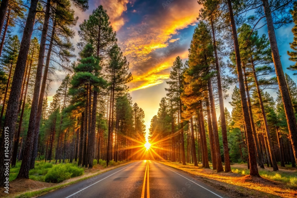 Obraz premium Sunset Over a Road in Pine Forest - Magical Golden Light Panoramic Photography