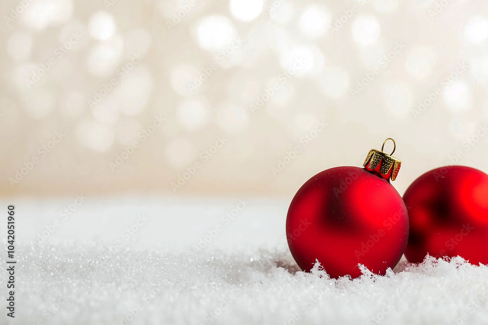 Two red Christmas ornaments are sitting on top of a snowy surface Two red Christmas ornaments are sitting on top of a snowy surface