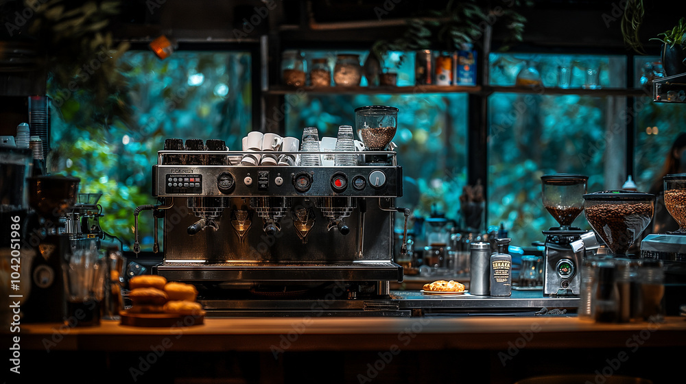 Professional Espresso Machine and Grinders in Cozy Café Ambiance Professional Espresso Machine and Grinders in Cozy Café Ambiance