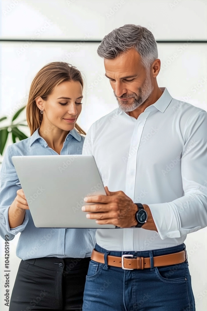 A man and a woman are looking at a laptop together