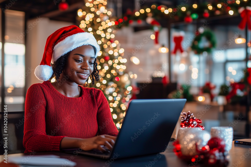 A woman wearing a red sweater and a santa hat is typing on a laptop A woman wearing a red sweater and a santa hat is typing on a laptop