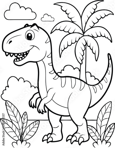 hand-drawn cute dinosaur drawing black line art coloring page, dinosaur kids coloring book.