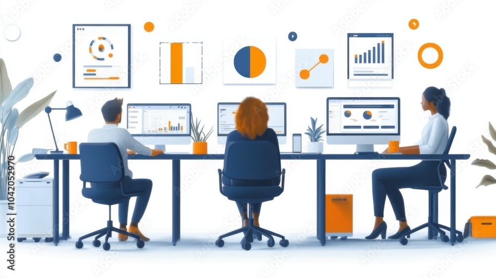 Team collaborating in an office with data visualizations displayed. Team collaborating in an office with data visualizations displayed.