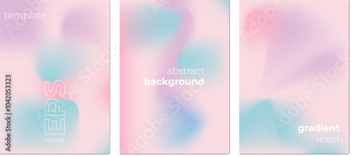  Abstract liquid background set. Gradient mesh. Effect bright color blend. Pink Blurred fluid colorful mix. Modern design template for web covers, ad banners, posters, brochures. Vector image EPS