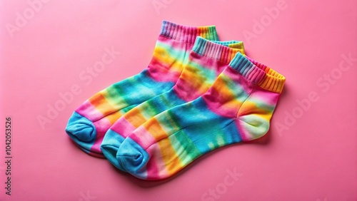 Colorful tie dye low rise socks on pink background