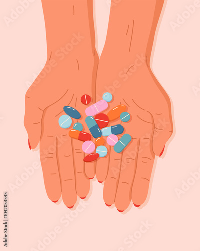 Vector flat illustration of hands holding various pills, capsules or vitamins. Top view of palms with group colorful medicines. Treatment with antidepressants, painkillers. Hand drawn cartoon design